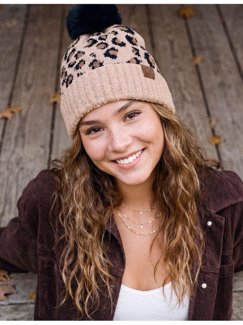 CC Exclusives Pom Pom Beanie Cozy Fuzzy Leopard Animal Print Hat NWT